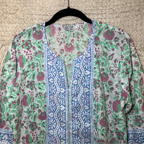 SZ BLOCKPRINTS green / pink floral 3/4 sleeves cotton tunic top M - Picture 2 of 10